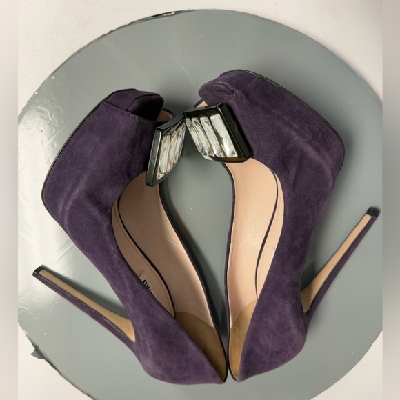Miu Miu Purple Suede Crystal Embellished Peep Toe Platform Pumps Size 38 - Picture 7 of 11